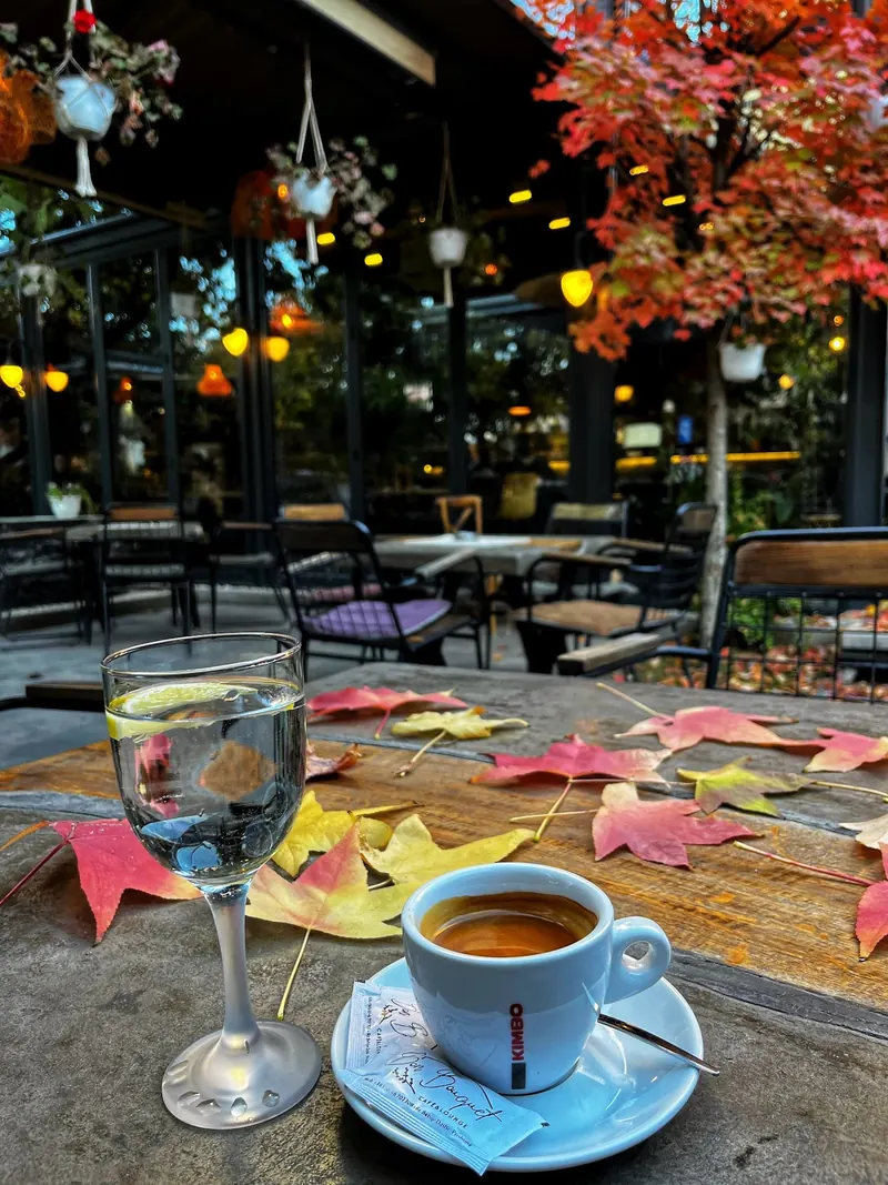 An espresso and a glass of water on a terrace table scattered with autumn leaves